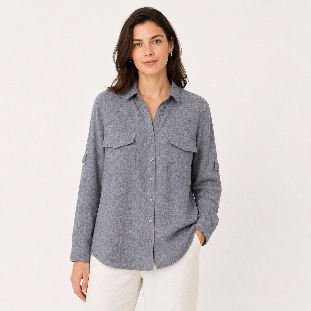 Eileen Fisher Utility Shirt Button Front Roll Tab Cotton Linen Gray Size M